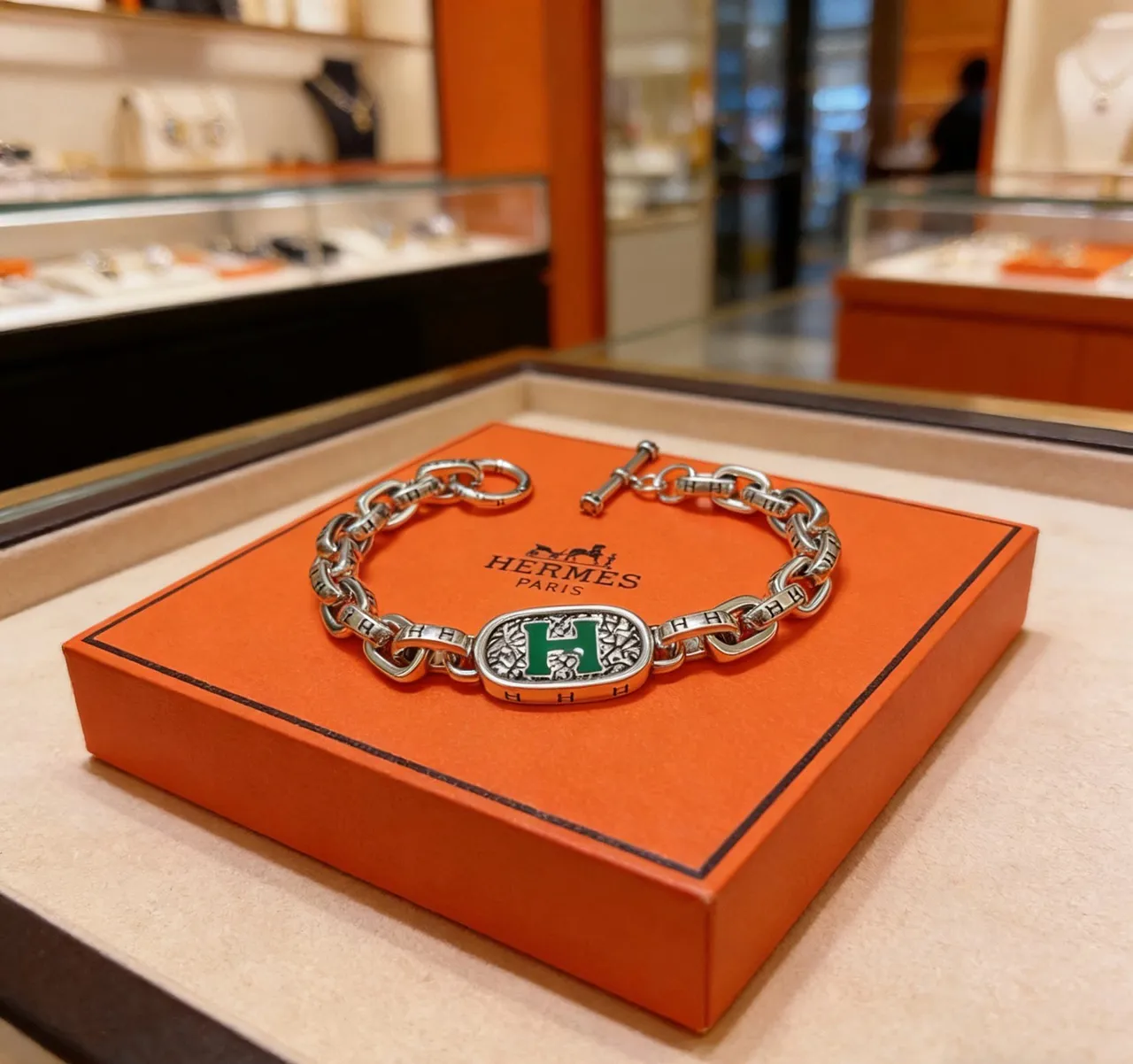 Hermès Chaine d'Ancre Silver Green Chain-Link Enamel H Medallion Bracelet 10