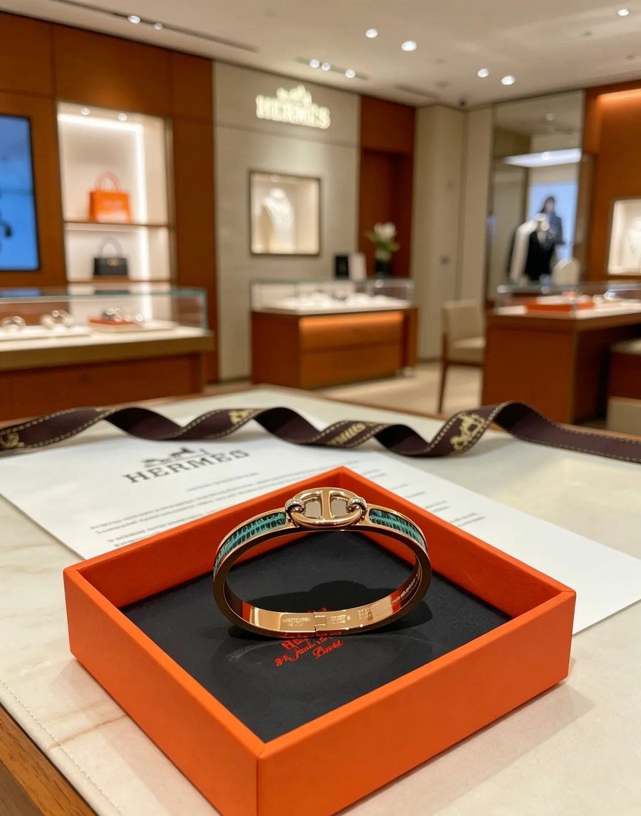 Hermès Clic H 金色綠色轉扣玫瑰金屬手鏈 5
