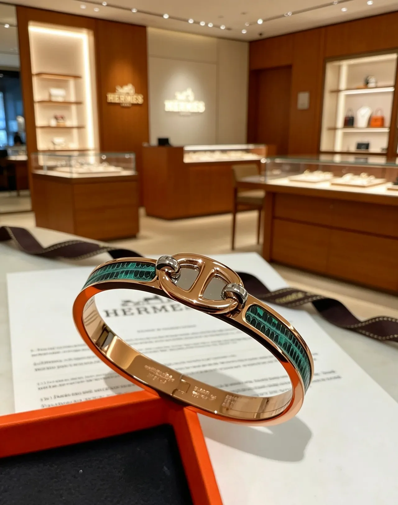 Hermès Clic H 金色綠色轉扣玫瑰金屬手鏈 7