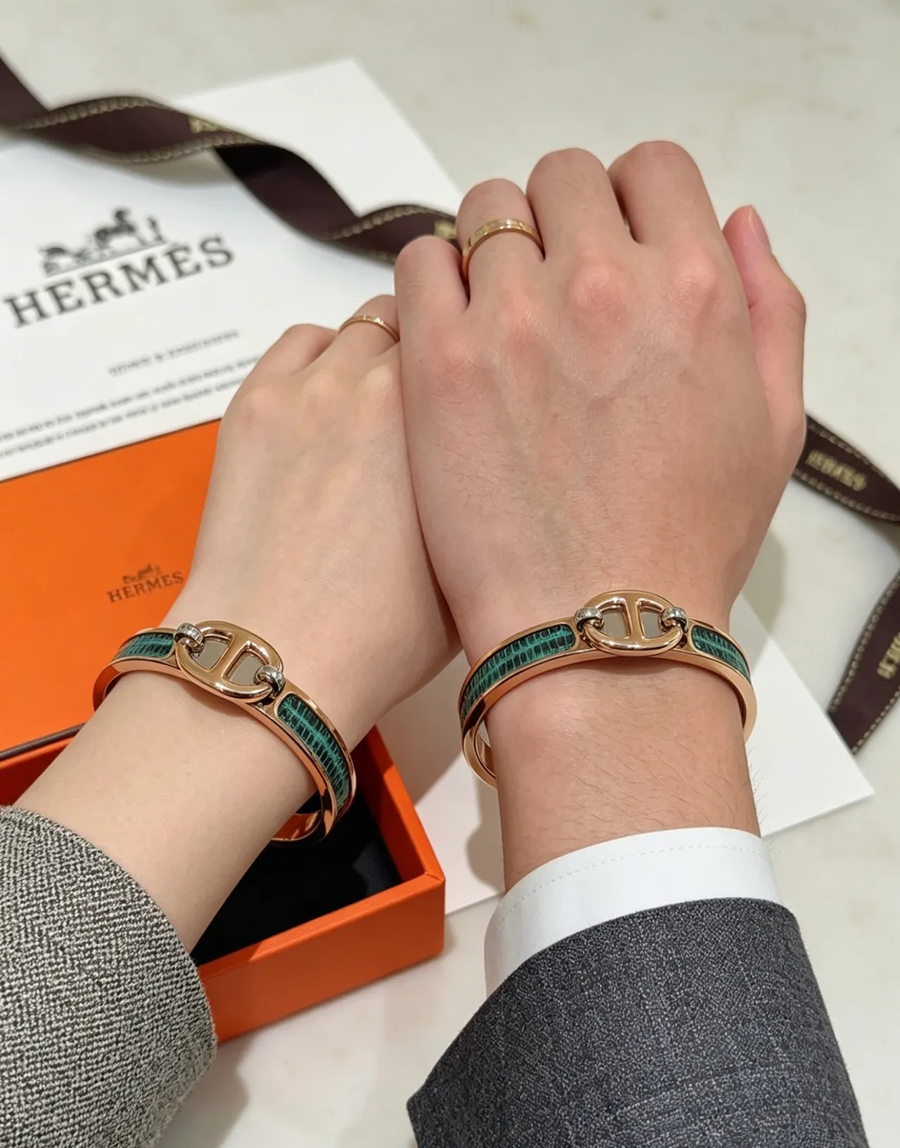 Hermès Clic H 金色綠色轉扣玫瑰金屬手鏈 8