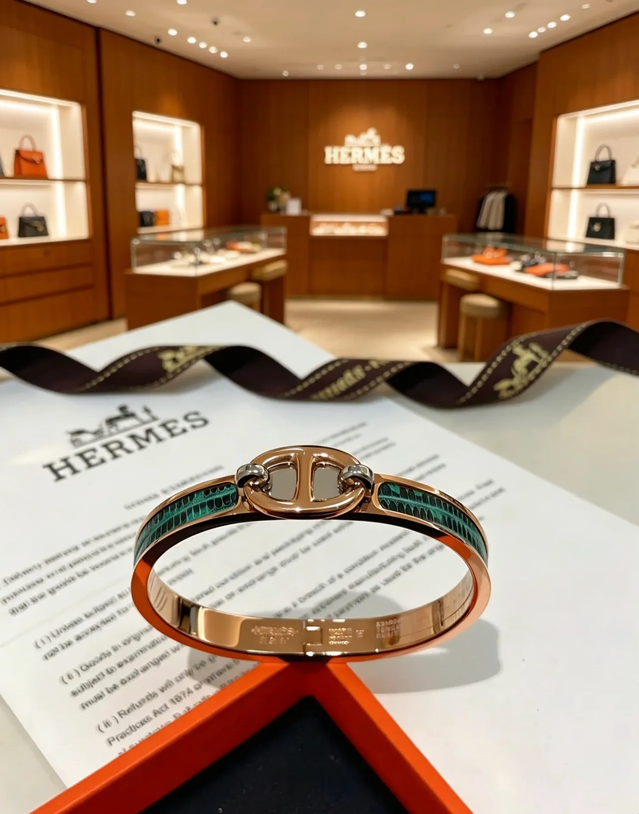 Hermès Clic H 金色綠色轉扣玫瑰金屬手鏈 9