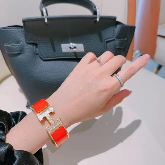 Hermès Clic H Orange Enamel Paved Crystal Gold-Tone Bracelet 5