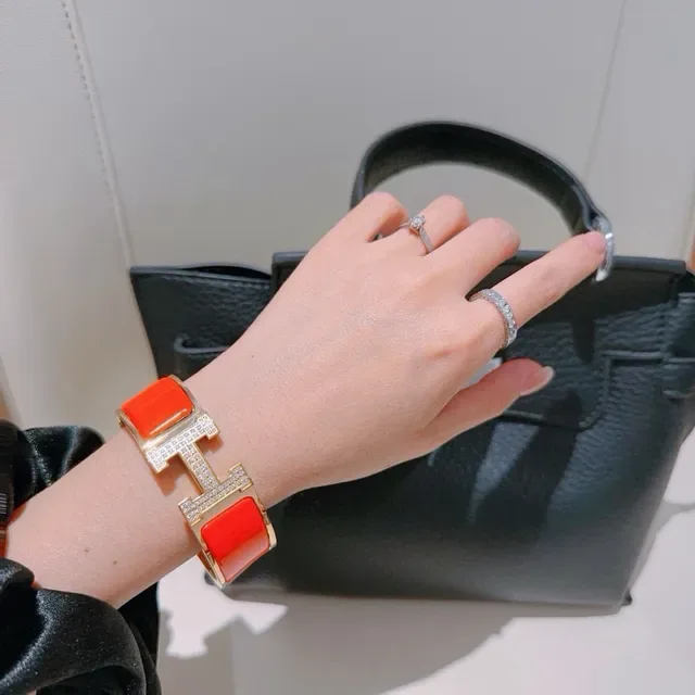Hermès Clic H Orange Enamel Paved Crystal Gold-Tone Bracelet 8