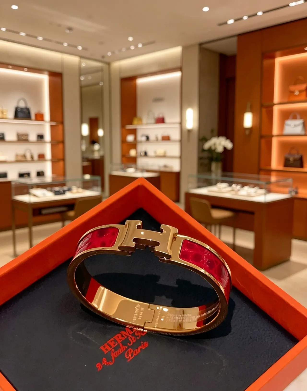 Hermès Clic H Red Enamel Gold-Tone Bracelet 9
