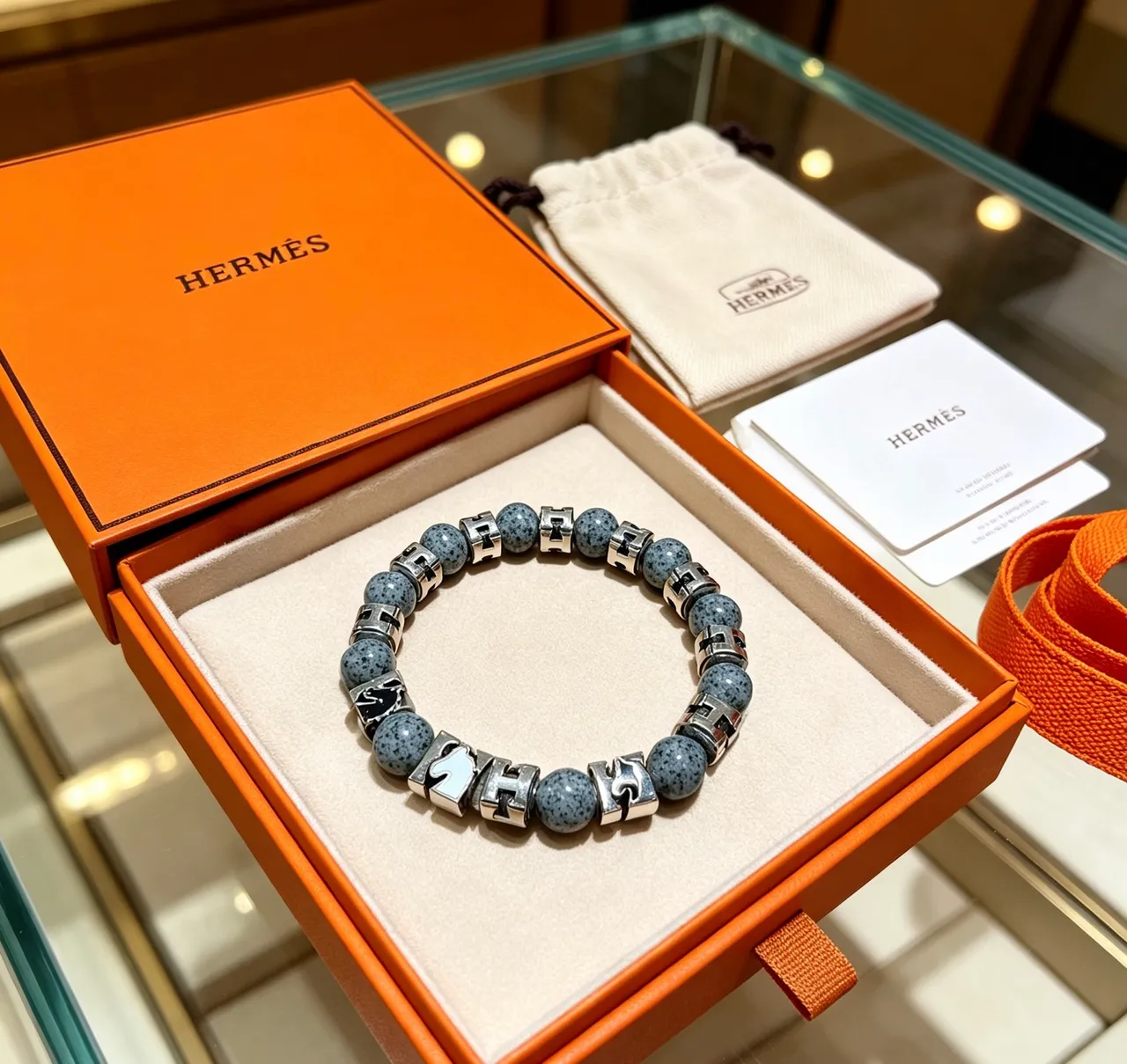 Hermès Gray Black Beaded Stone And Metal Bracelet 4
