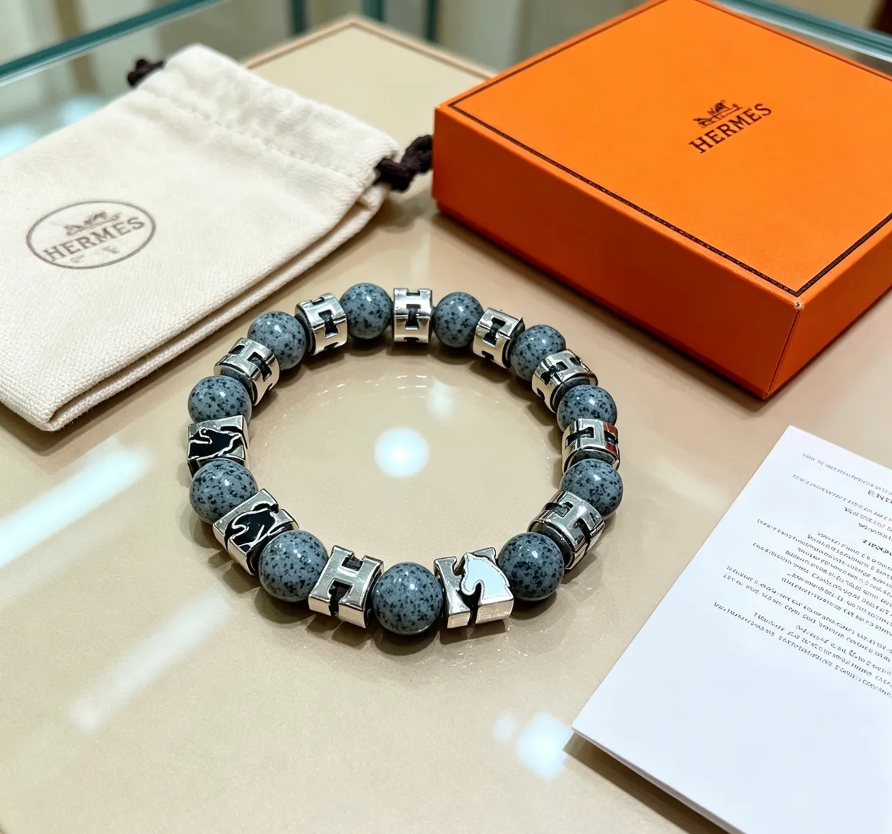 Hermès Gray Black Beaded Stone And Metal Bracelet 5