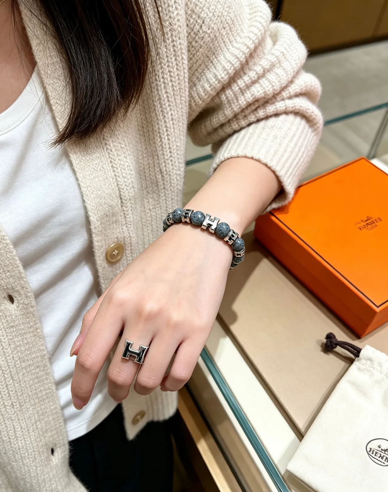 Hermès Gray Black Beaded Stone And Metal Bracelet 6