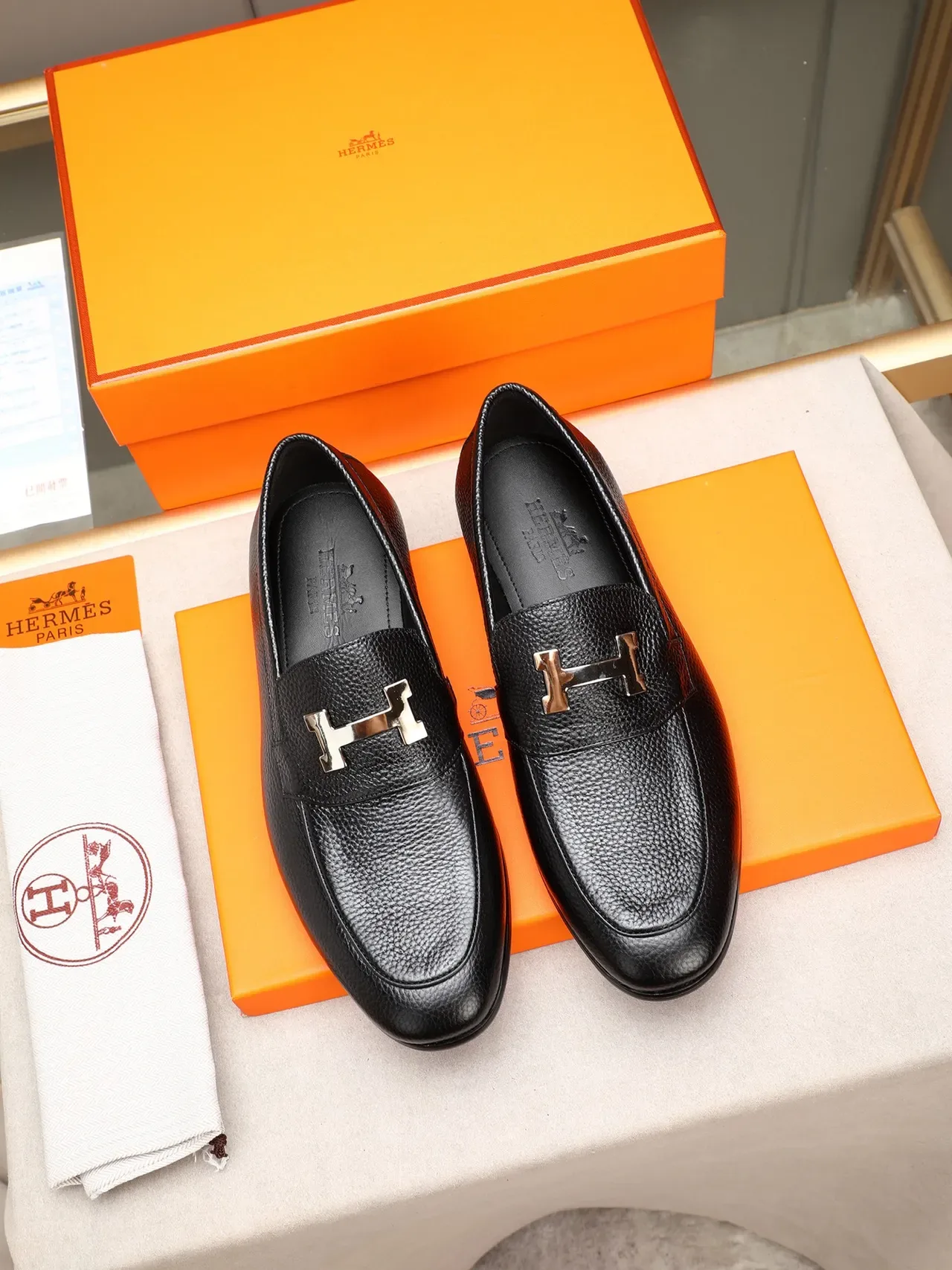 Hermès H Buckle Loafer Black Pebbled Leather Loafers 3