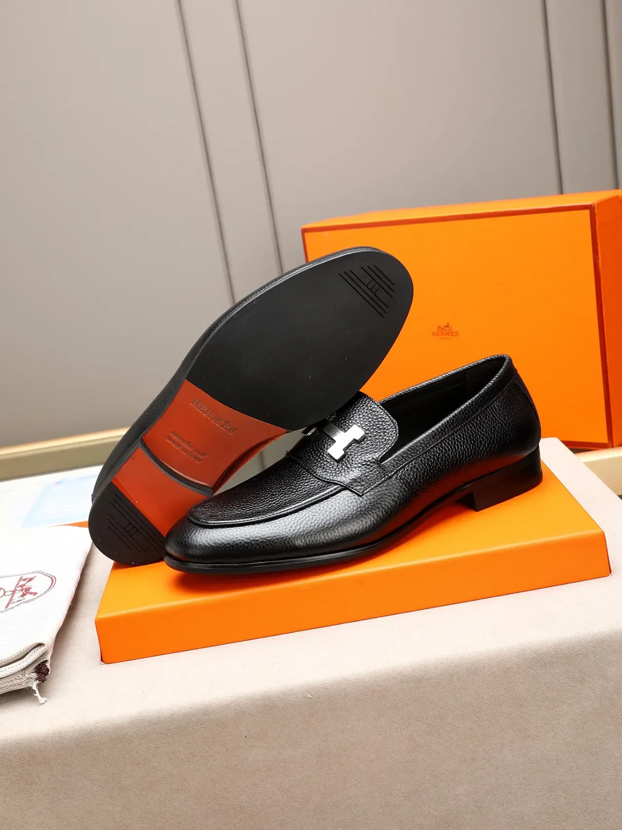 Hermès H Buckle Loafer Black Pebbled Leather Loafers 4