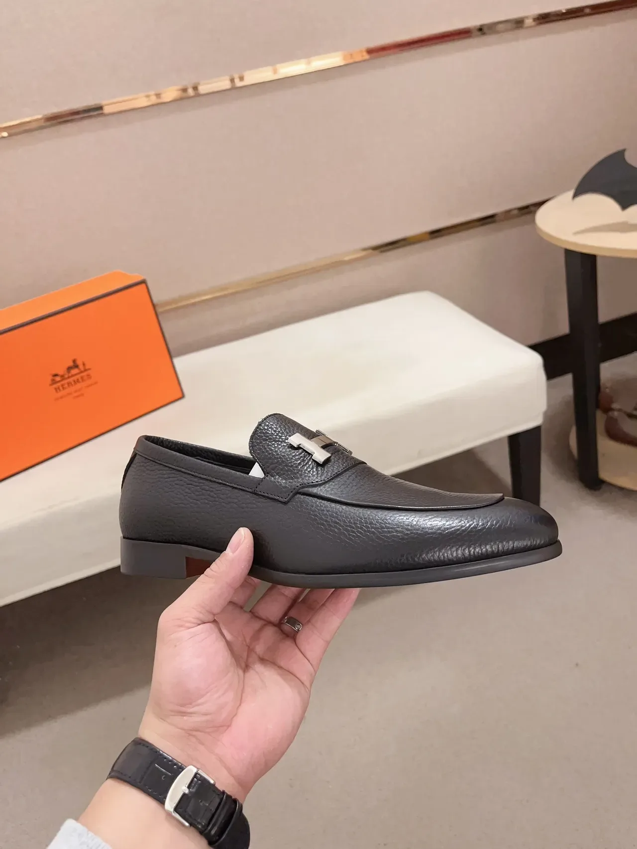 Hermès H Loafer Black Pebbled Leather Slip-On Loafer 4