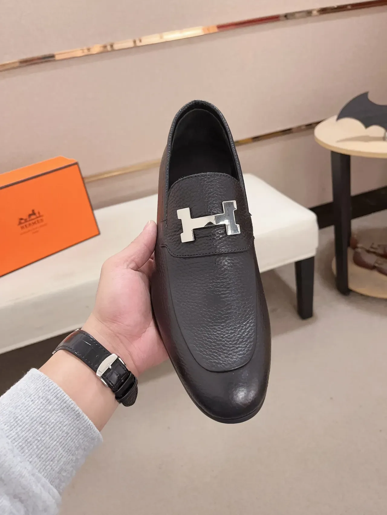 Hermès H Loafer Black Pebbled Leather Slip-On Loafer 5