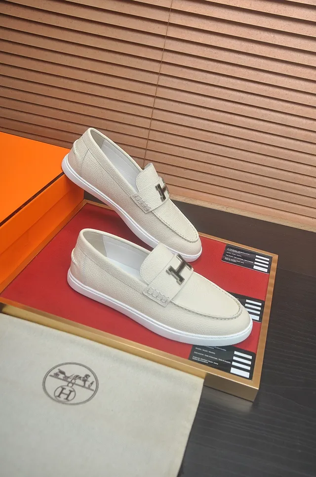 Hermès H Loafer Mocasines Off-Blanco Cuero Granulado 6
