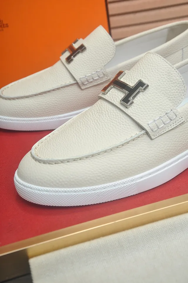 Hermès H Loafer Mocasines Off-Blanco Cuero Granulado 8