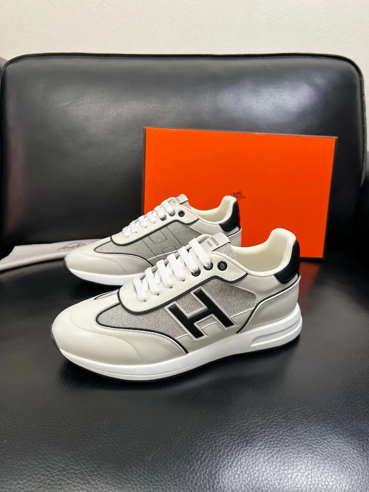 Hermès H-Run Style Off-White and Black Lifestyle Sneakers 5