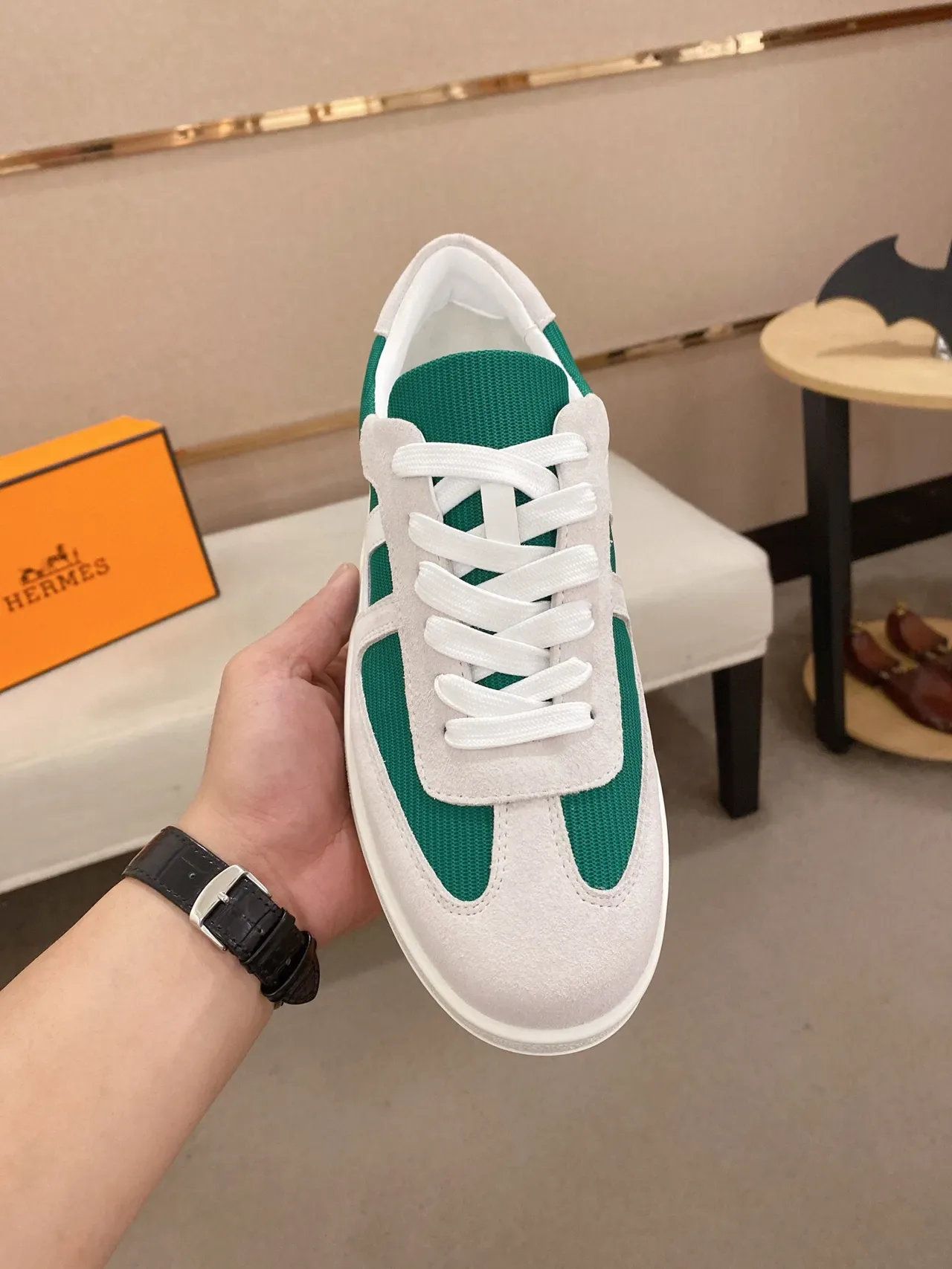 Hermès H-Sneaker White and Emerald Green Lifestyle Sneakers 2