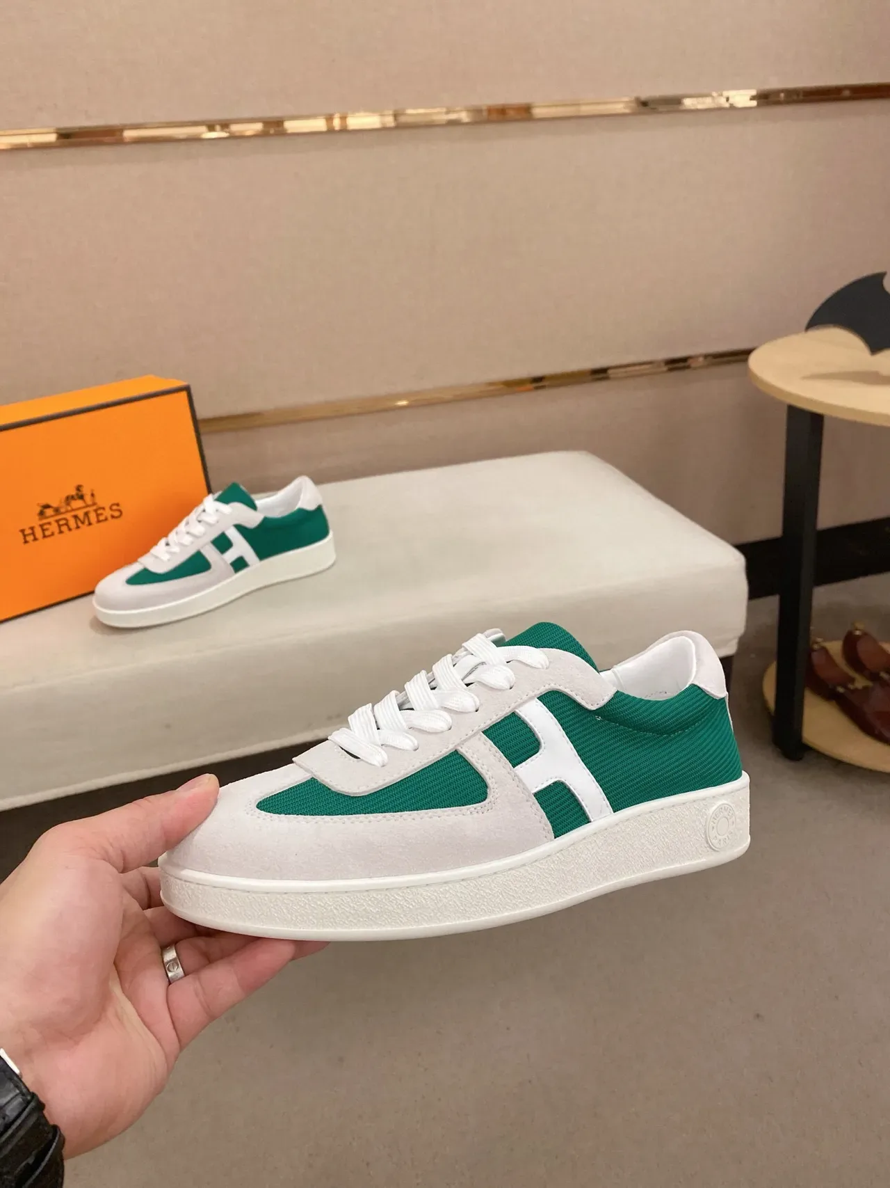 Hermès H-Sneaker White and Emerald Green Lifestyle Sneakers 3