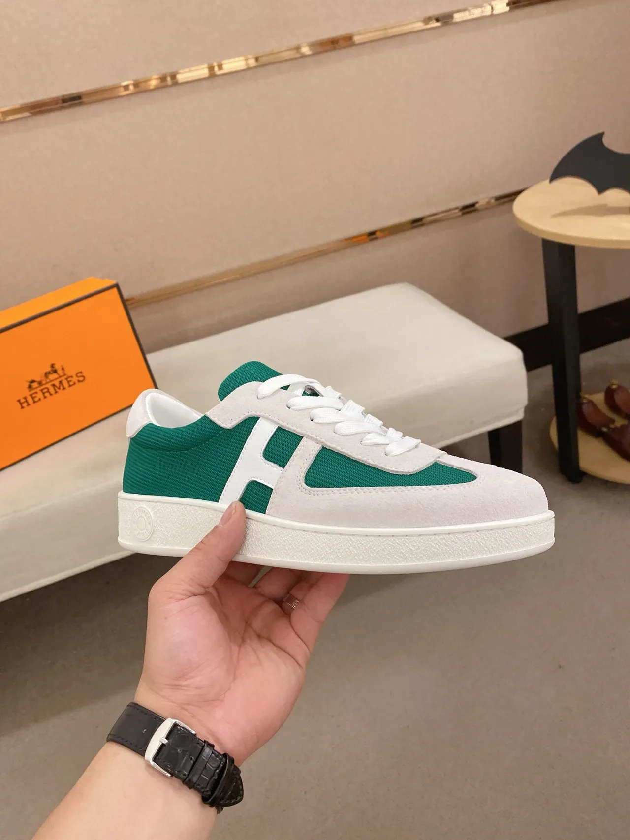 Hermès H-Sneaker White and Emerald Green Lifestyle Sneakers 4