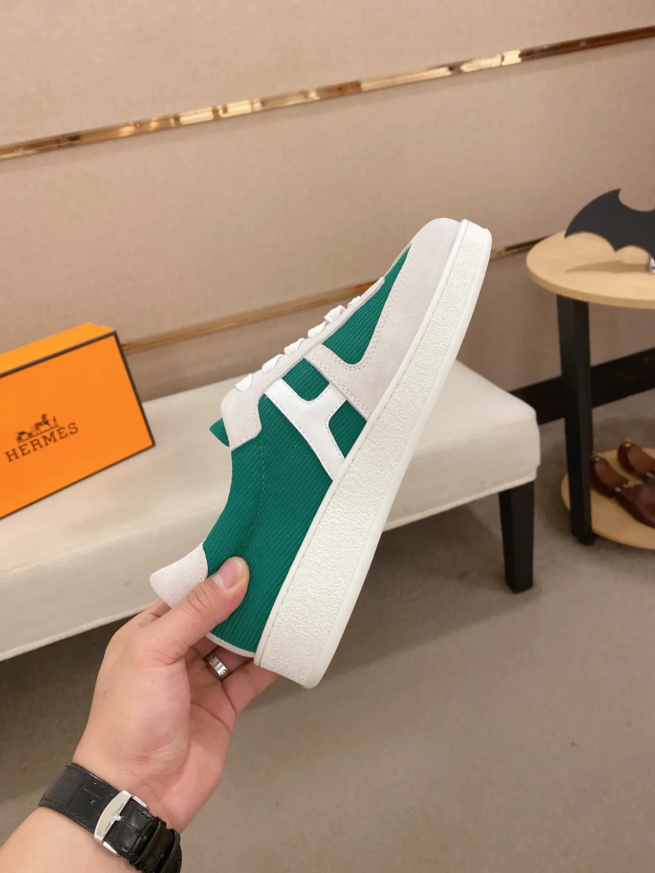 Hermès H-Sneaker White and Emerald Green Lifestyle Sneakers 5