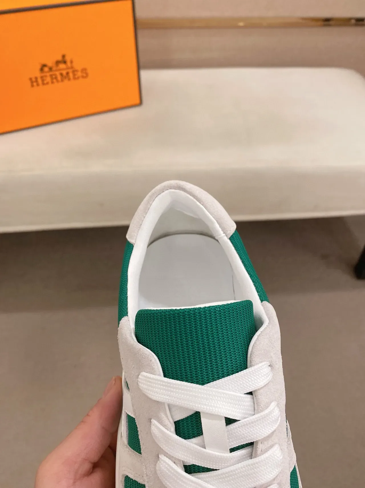 Hermès H-Sneaker White and Emerald Green Lifestyle Sneakers 6