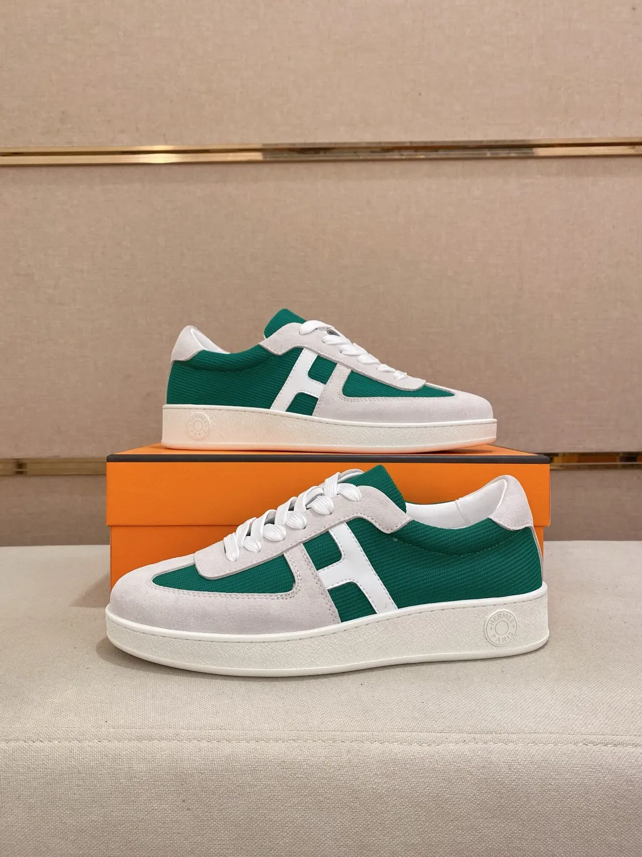 Hermès H-Sneaker White and Emerald Green Lifestyle Sneakers 7