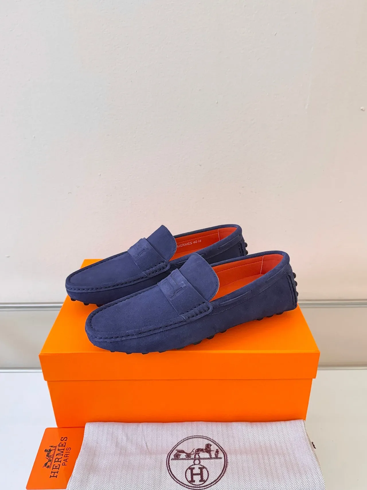 Hermès H-Strap Loafer Navy Orange Suede Upper Detail Loafer 2