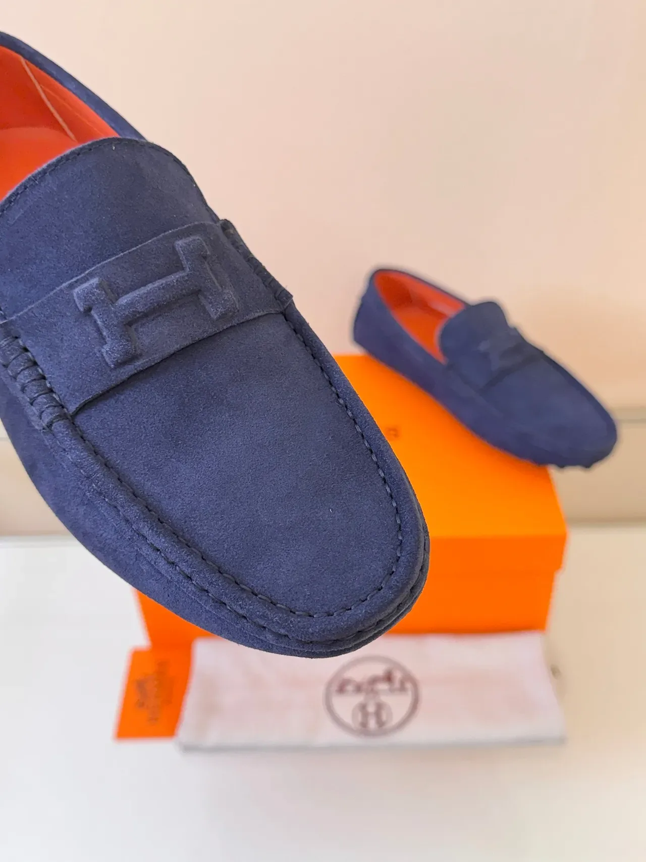 Hermès H-Strap Loafer Navy Orange Suede Upper Detail Loafer 3