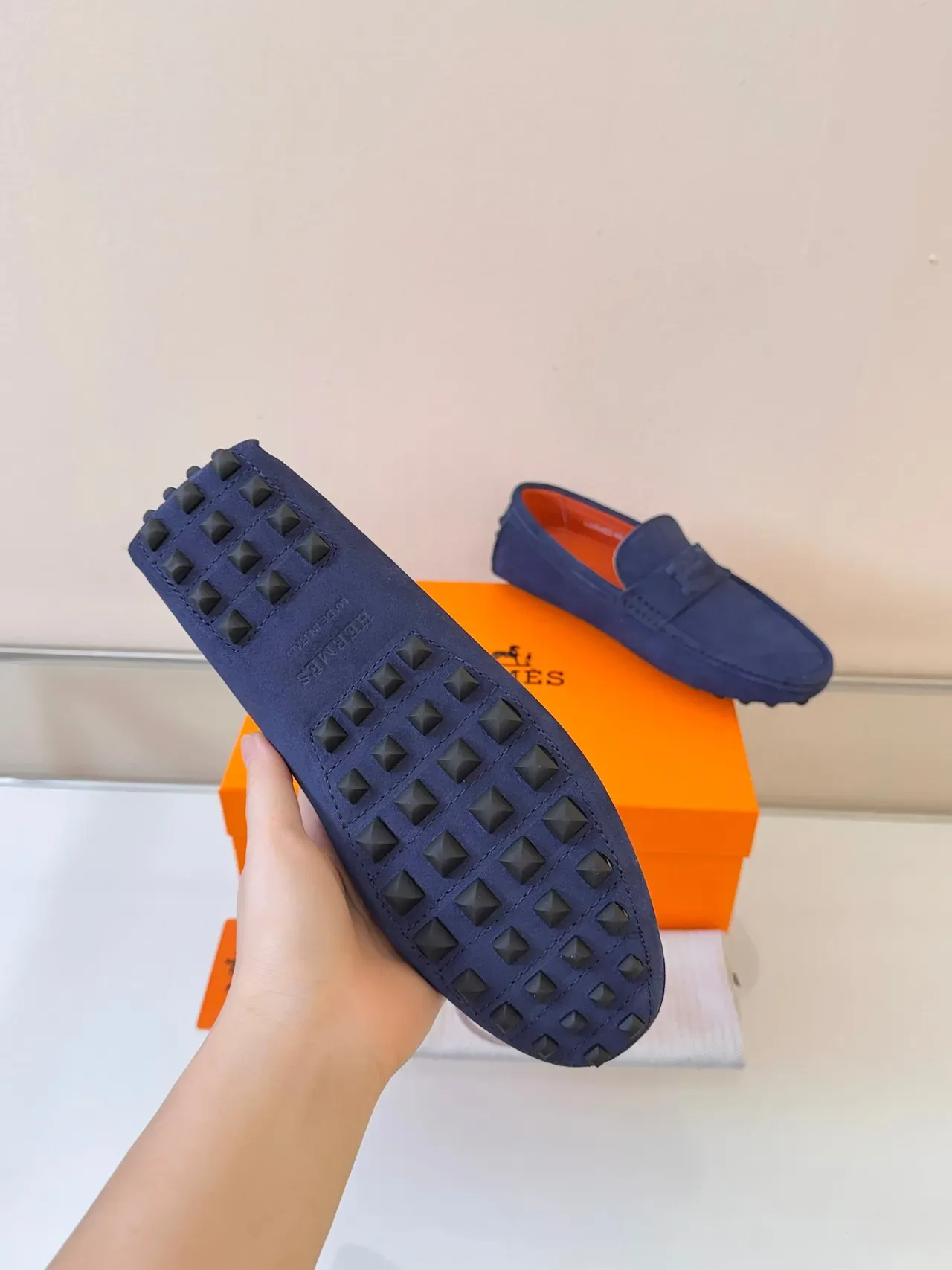 Hermès H-Strap Loafer Navy Orange Suede Upper Detail Loafer 5