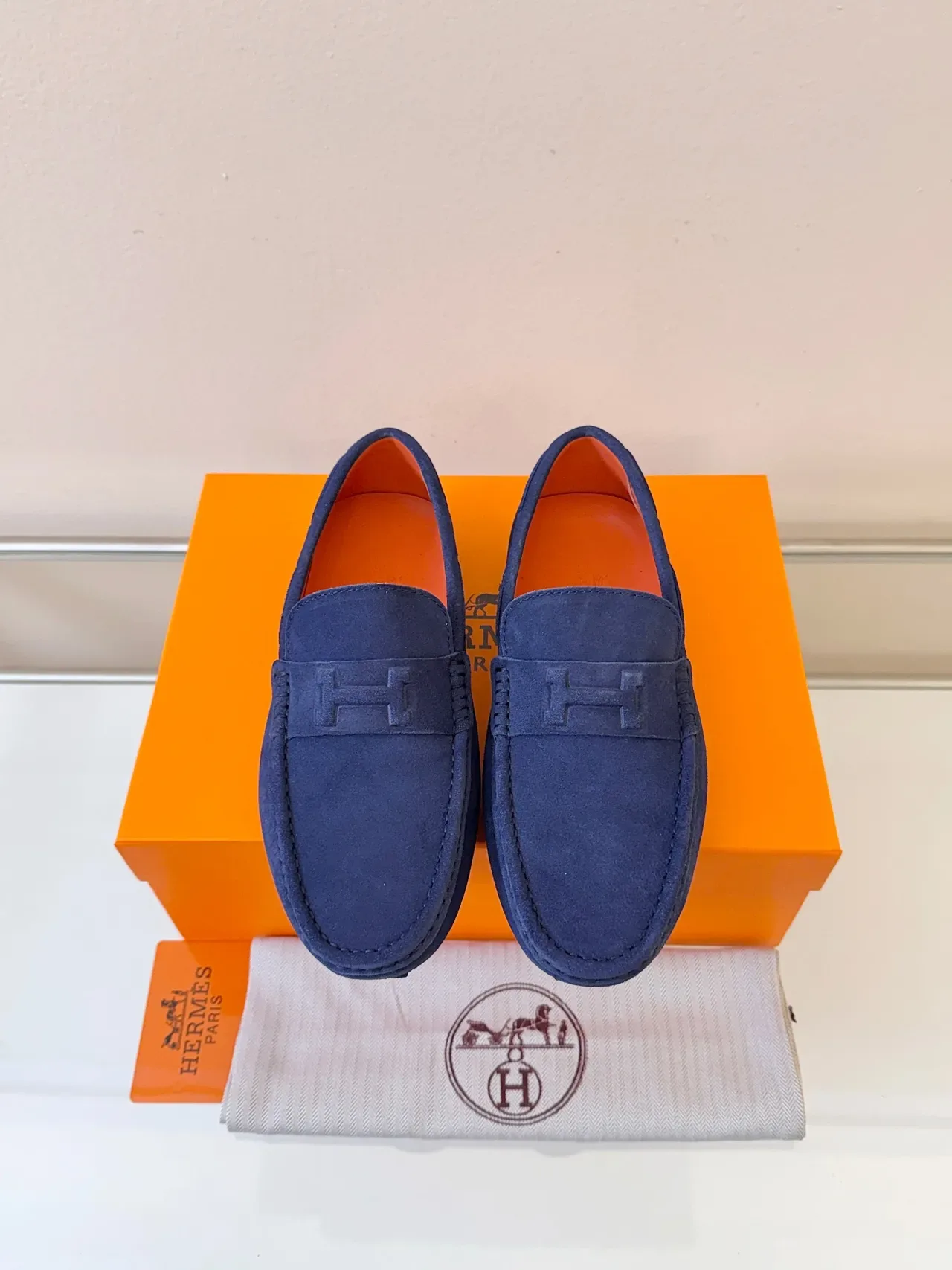 Hermès H-Strap Loafer Navy Orange Suede Upper Detail Loafer 6