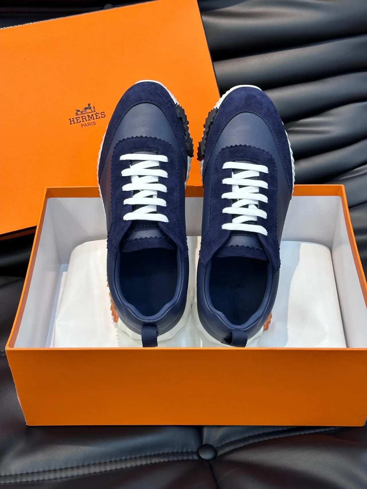 هيرميز أحذية رياضية Navy White من السويد والجلد أعلى أربطة مسطحة نمط حياة 4