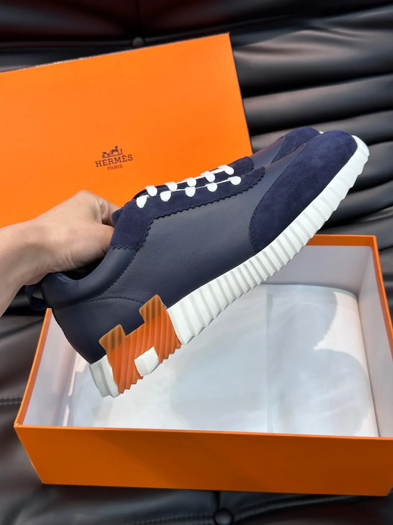 هيرميز أحذية رياضية Navy White من السويد والجلد أعلى أربطة مسطحة نمط حياة 5