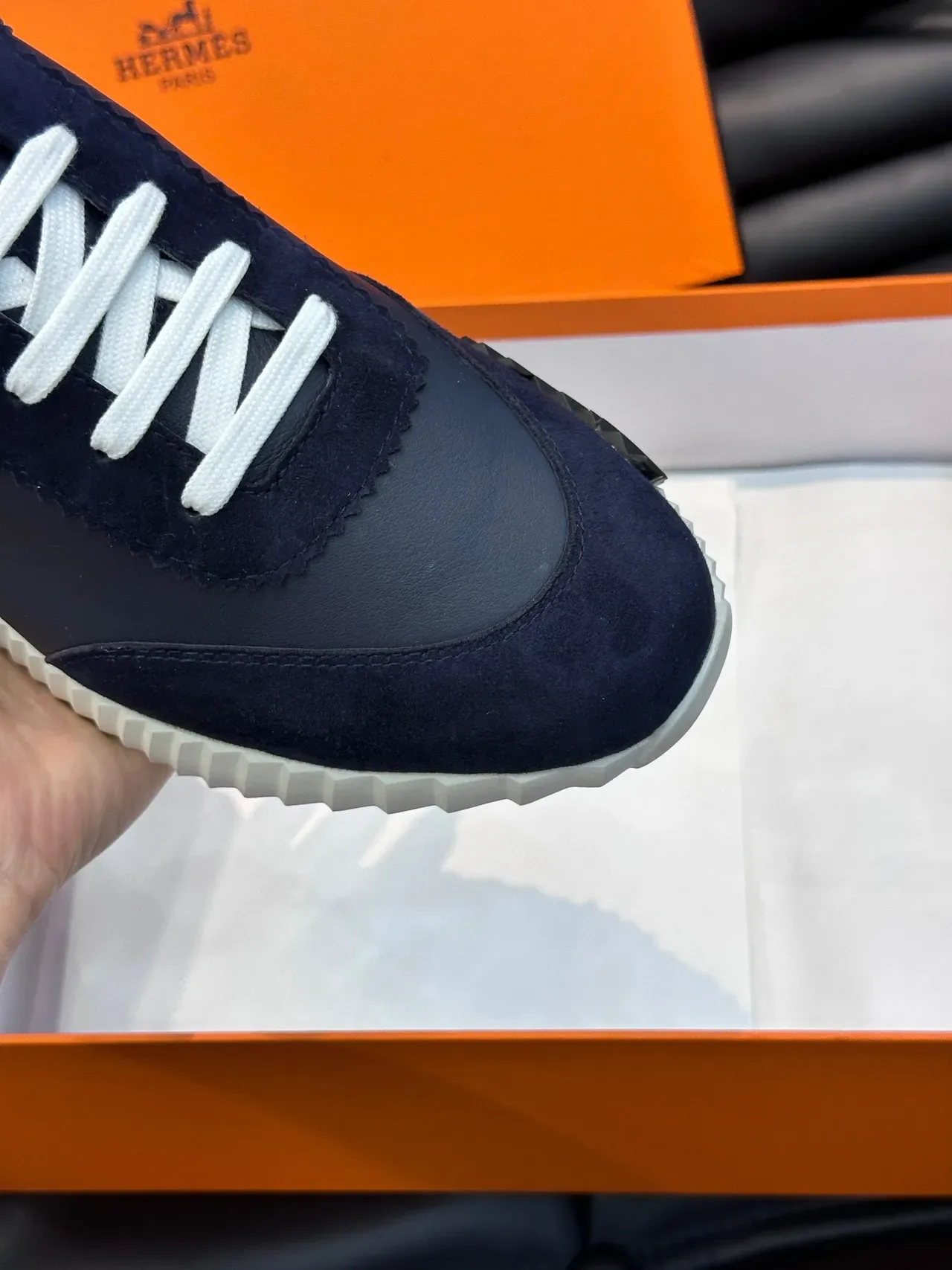 هيرميز أحذية رياضية Navy White من السويد والجلد أعلى أربطة مسطحة نمط حياة 8