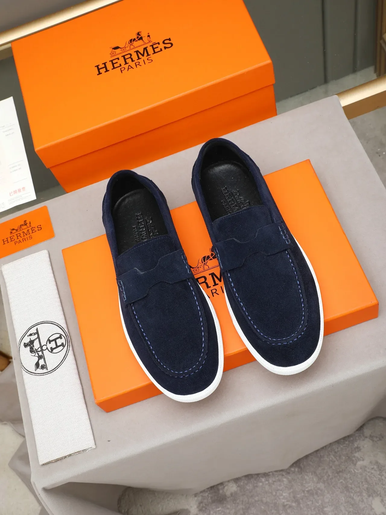 Hermès Navy White Suede Rubber Sole Loafer 2