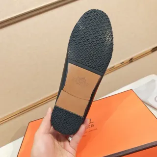 Hermès Oran Black Leather Gold H-Buckle Loafers