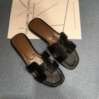Hermès Oran جلد أسود حزام H نعال