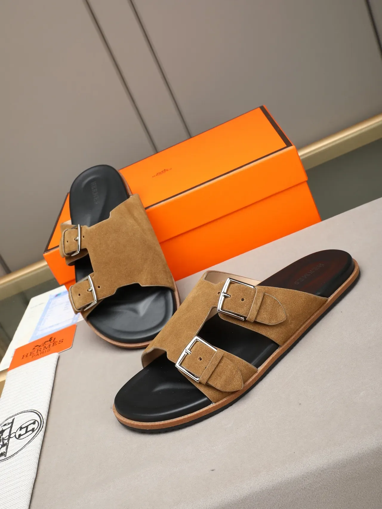 Hermès Oran Double Strap Suede Slide Casual Sandals 5