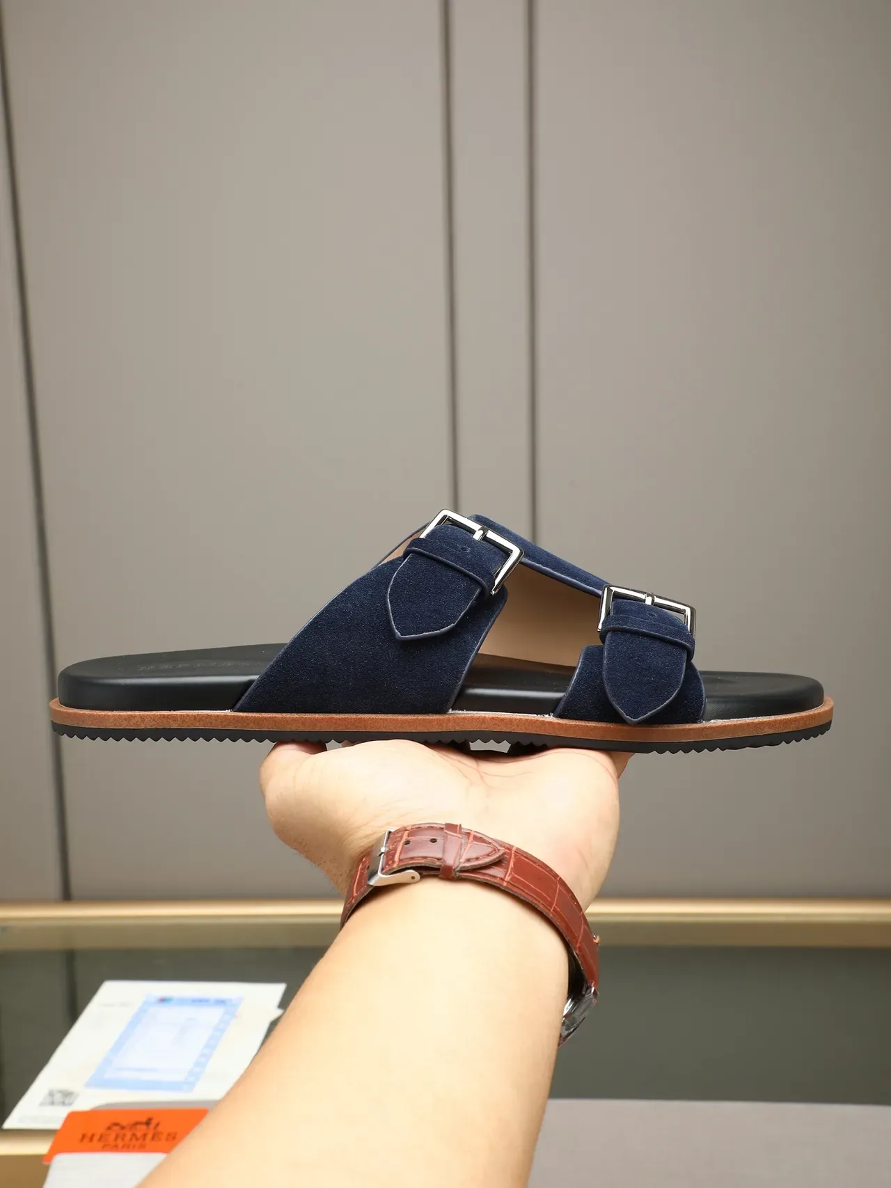 Hermès Oran Double Strap Suede Slide Casual Sandals 22