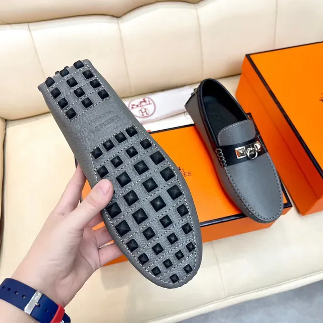 Hermès Oran Gray Black Epsom Leather Strap Loafer 4