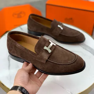 Hermès Oran বাদামী সুয়েড H-Buckle লোফার