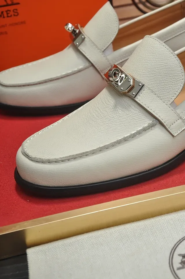 Hermès Oran Loafer Cream Textured Leather Metal Buckle Loafers 2