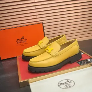 爱马仕 Oran 黄色纹理皮革 H-Hardware 木屐底 乐福鞋