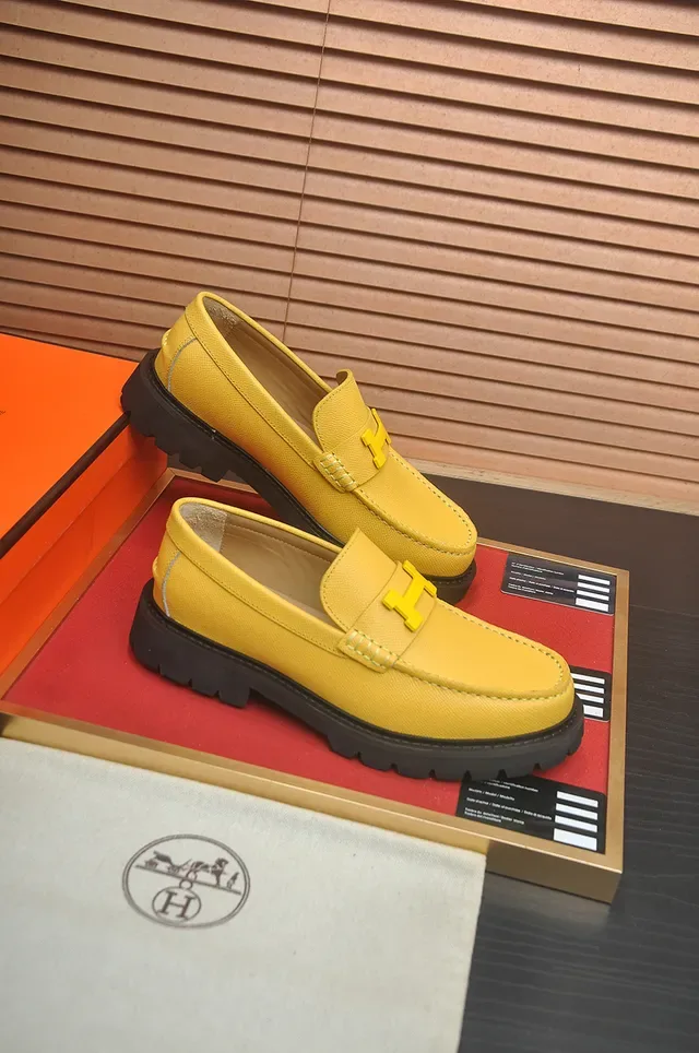 Hermès Oran Loafer Yellow Textured Leather H-Hardware Lug Sole Loafers 4