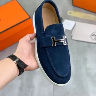 Hermès Oran Navy White 麂皮 H-Buckle Strap 乐福鞋