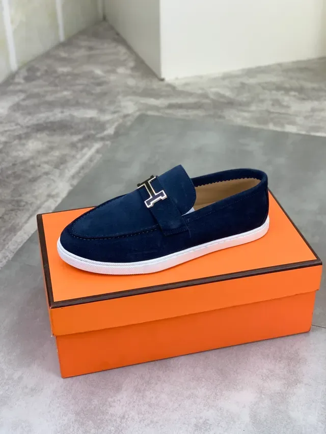 Hermès Oran Navy White Ante H-Buckle Strap Loafers 4
