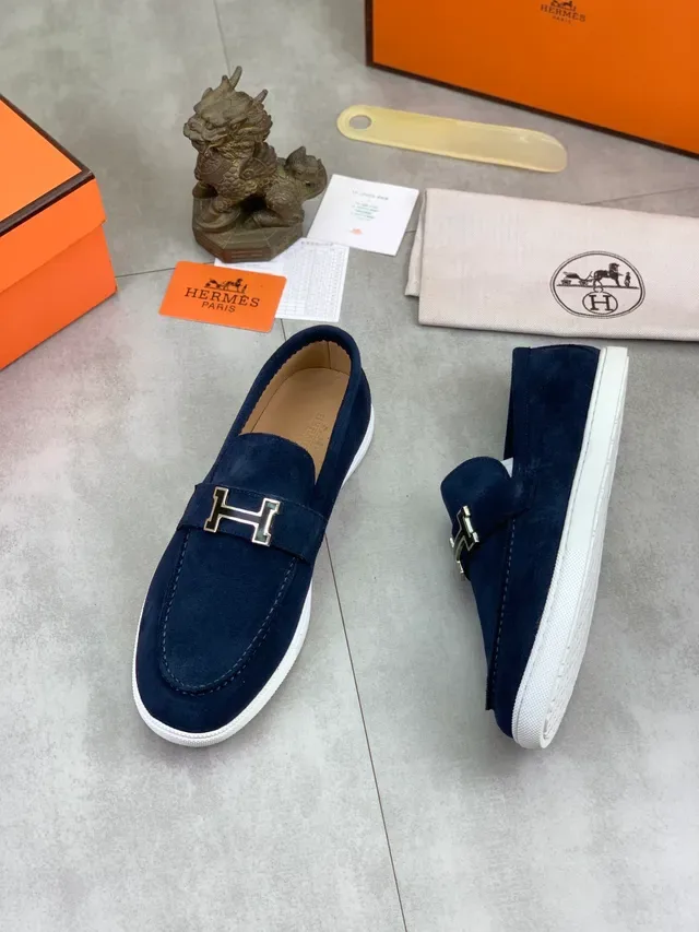 Hermès Oran Navy White Ante H-Buckle Strap Loafers 5