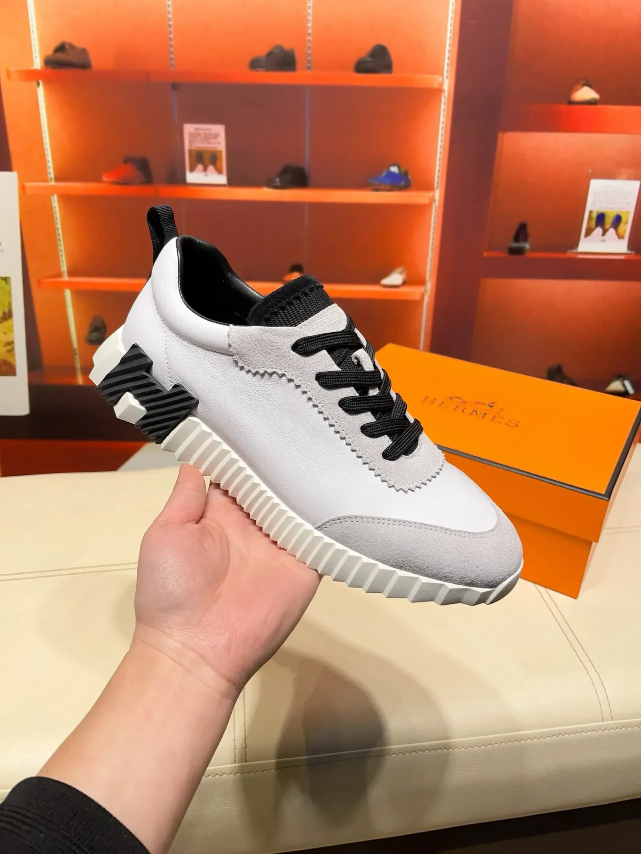 Hermès Oran White and Gray Lifestyle Sneakers 6