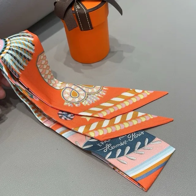 Hermès Twilly Orange Star and Pattern Silk Scarf 6