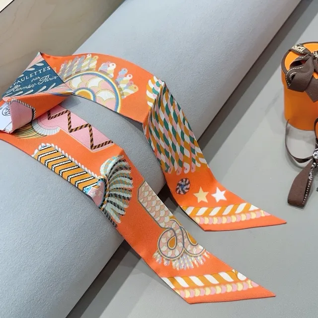 Hermès Twilly Orange Star and Pattern Silk Scarf 7