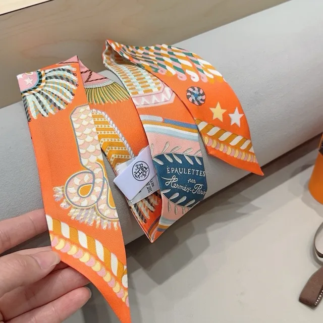 Hermès Twilly Orange Star and Pattern Silk Scarf 9
