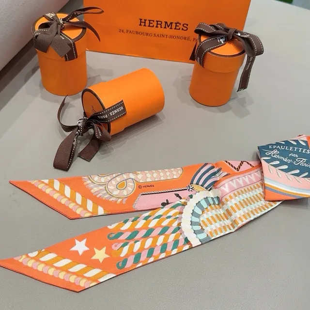 Hermès Twilly Orange Star and Pattern Silk Scarf 3