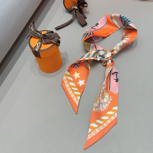 Hermès Twilly Orange Star and Pattern Silk Scarf 4